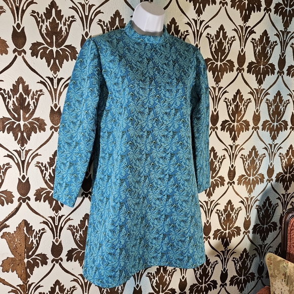 UNBRANDED 60s-70s Mod Mini Gogo Aqua Blue Floral Women's Shift Dress - Picture 2 of 5